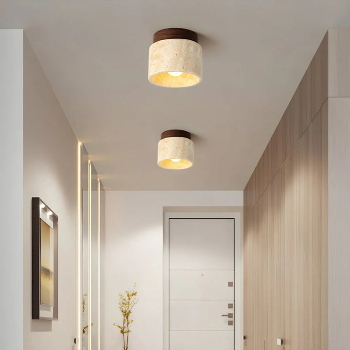 Cylindrical Travertine Stone Shade Flush Mount Ceiling Light - Image 1