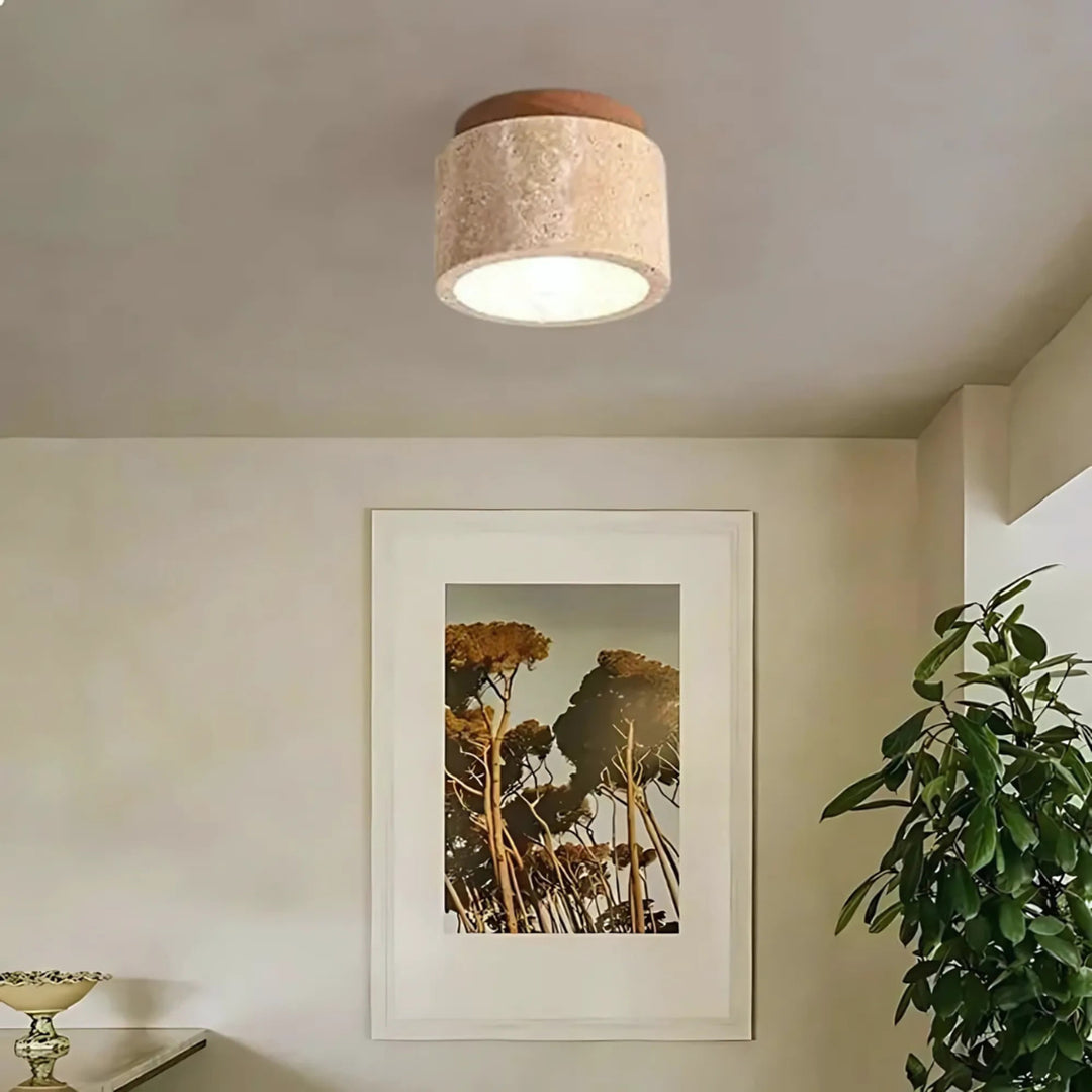 Cylindrical Travertine Stone Shade Flush Mount Ceiling Light - Image 2