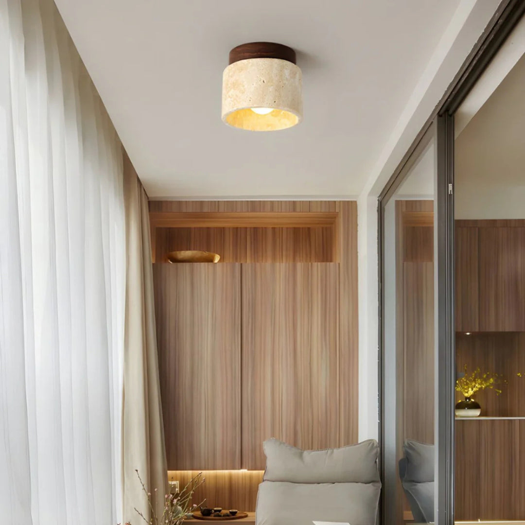Cylindrical Travertine Stone Shade Flush Mount Ceiling Light - Image 3