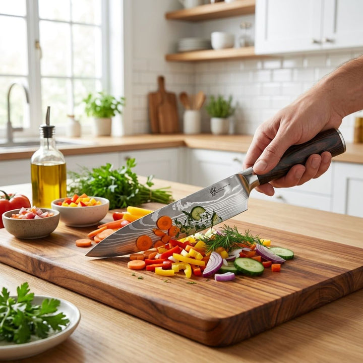 Damascus Chef Knife With 67-Layer Steel Blade And Ergonomic Resin-Wood Handle 20cm - Image 6