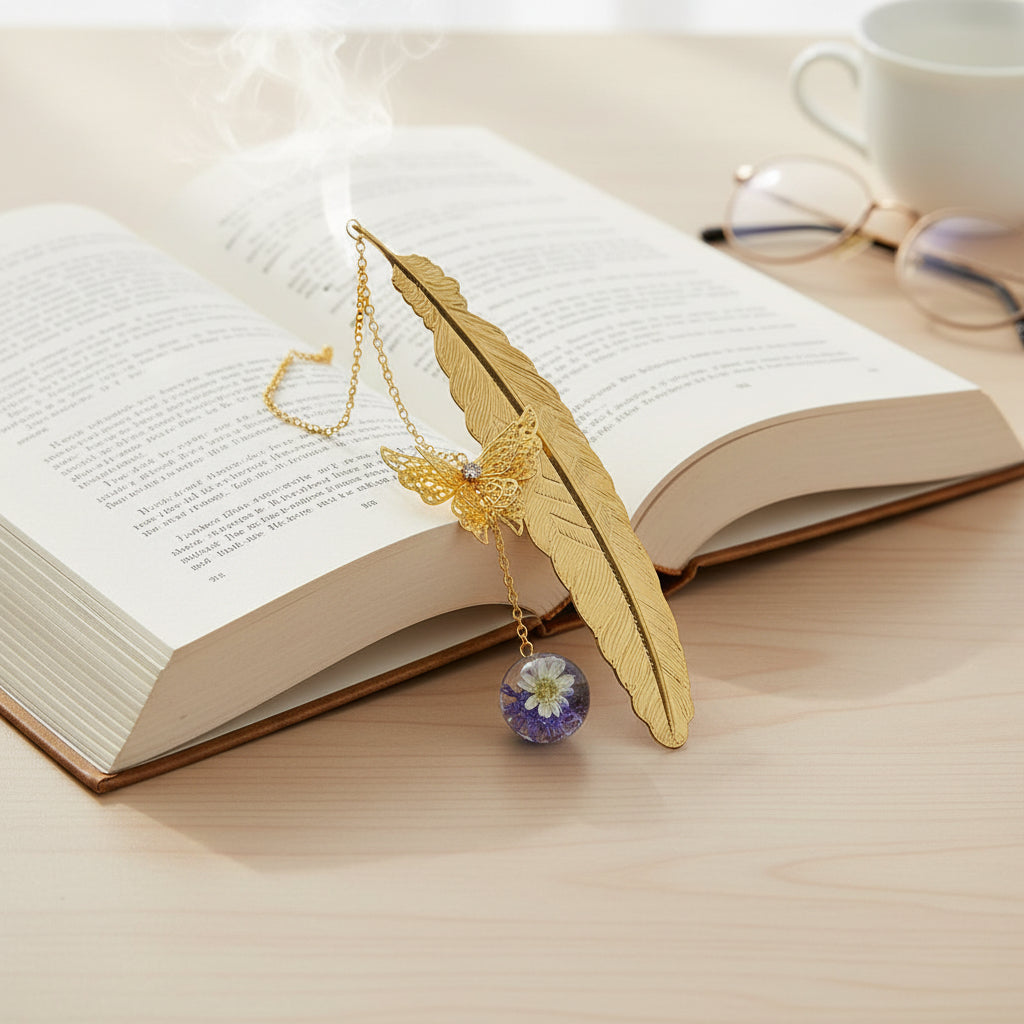 Segnalibro Pendente in Metallo a Forma di Piuma con Cristallo Decorativo Regalo per la Lettura