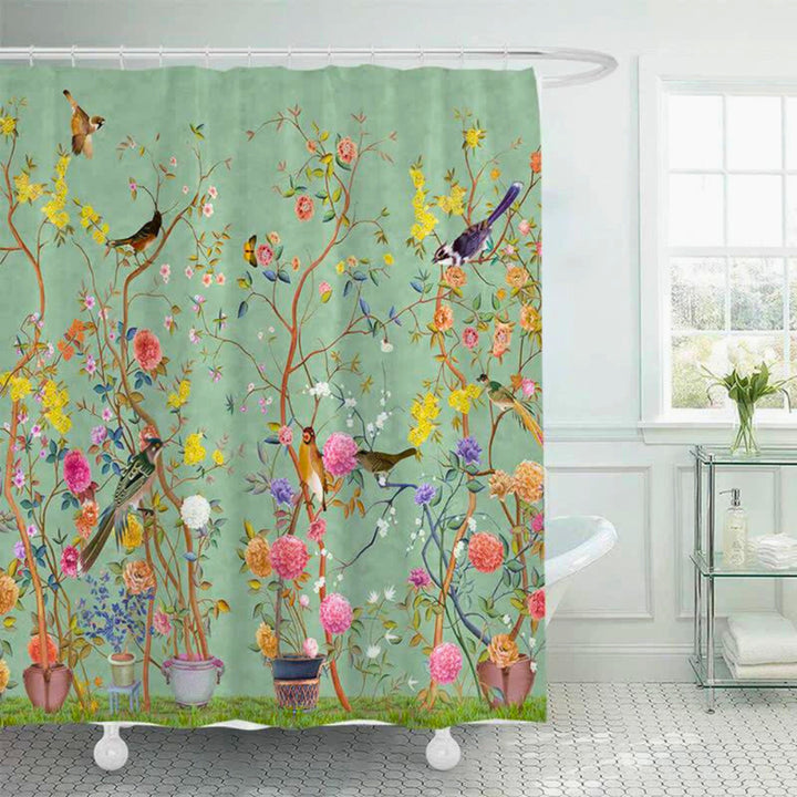 Decorative Shower Curtain With Floral Bird Rural Design - Image 1