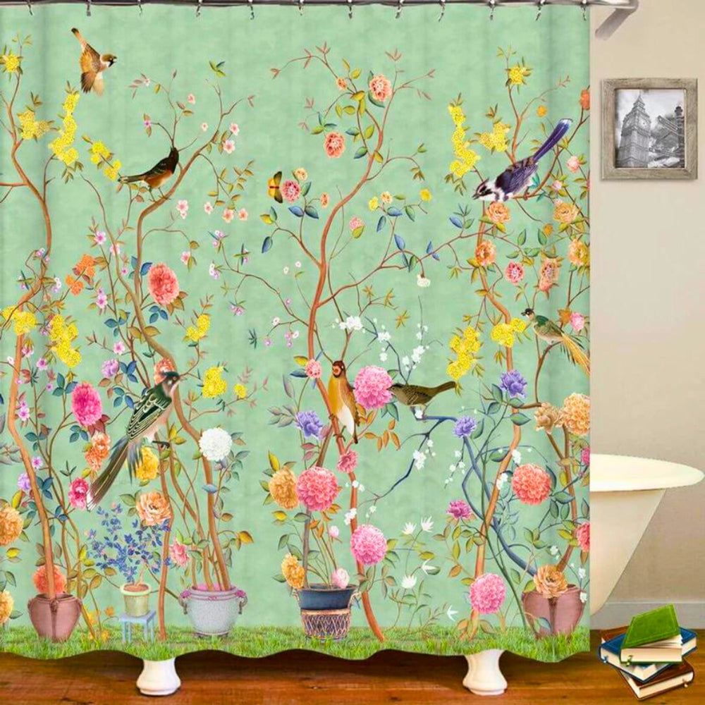 Decorative Shower Curtain With Floral Bird Rural Design - Image 2