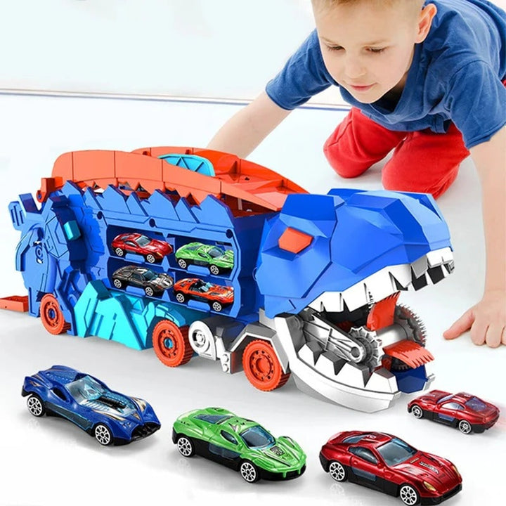 Dinosaur Car Play Truck With Dual Racing Tracks And Storage For 8 Toy - Image 1