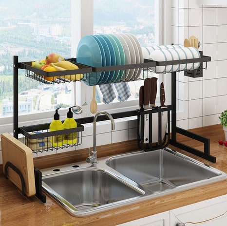 Dish Drying Rack Over Kitchen Sink Stainless Steel Black With Storage Shelves And Utensil Holder - Image 9