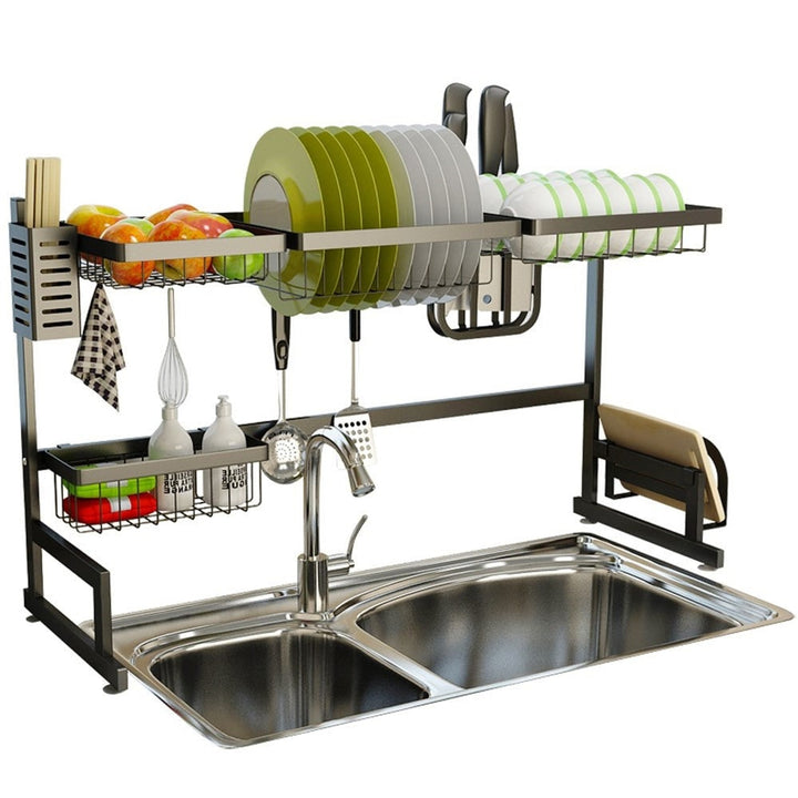 Dish Drying Rack Over Kitchen Sink Stainless Steel Black With Storage Shelves And Utensil Holder - Image 2