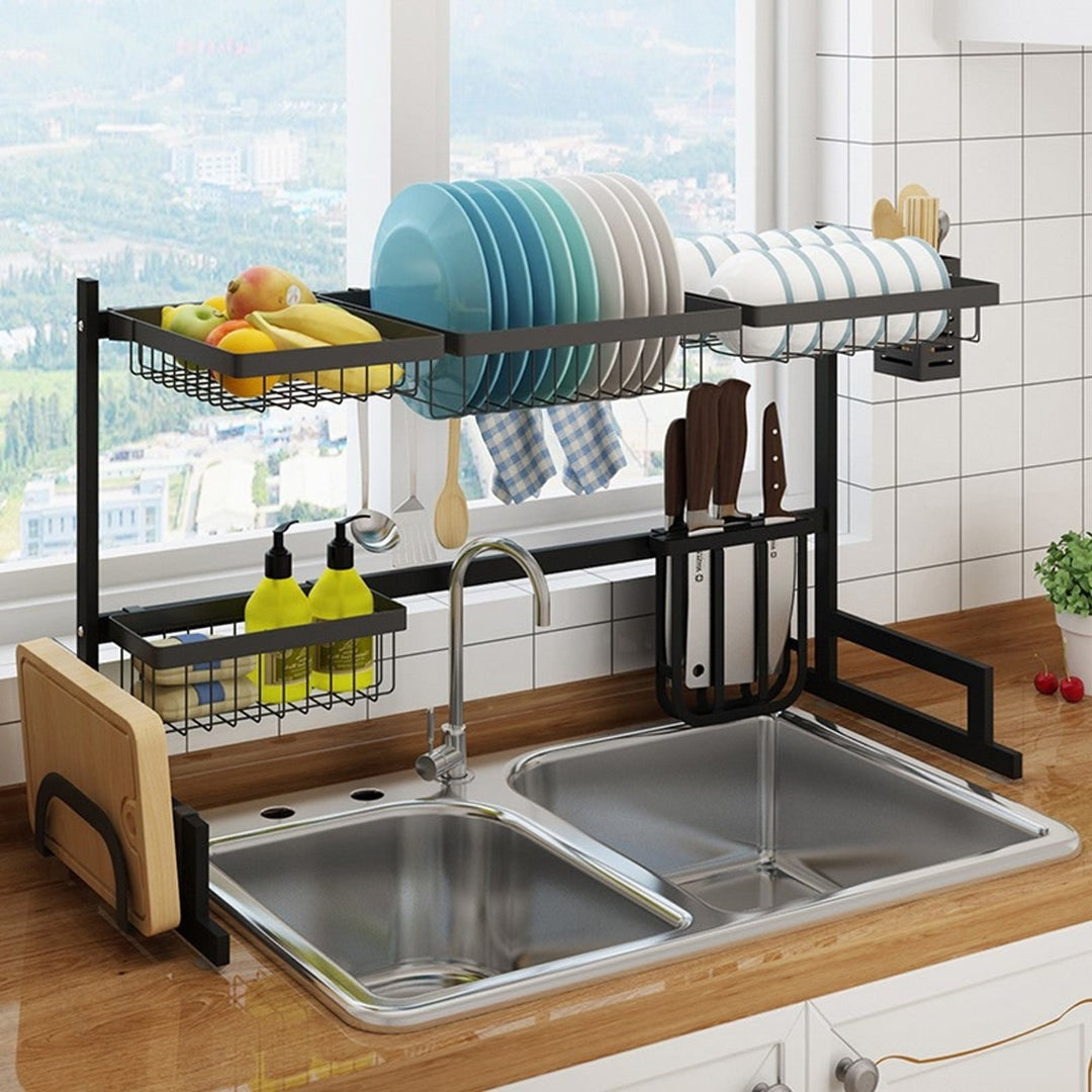 Dish Drying Rack Over Kitchen Sink Stainless Steel Black With Storage Shelves And Utensil Holder - Image 5