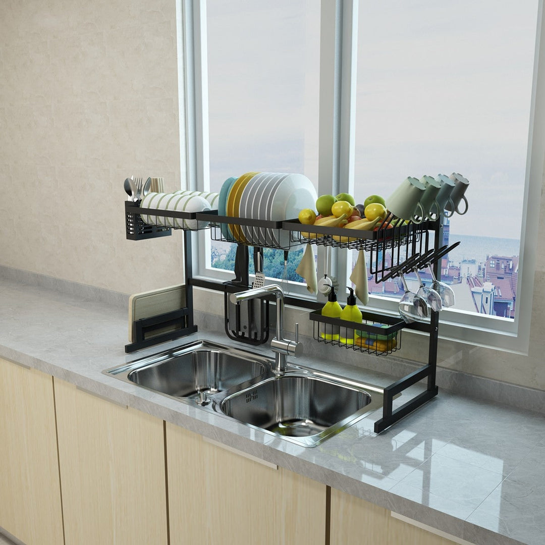 Dish Drying Rack Over Kitchen Sink Stainless Steel Black With Storage Shelves And Utensil Holder - Image 8