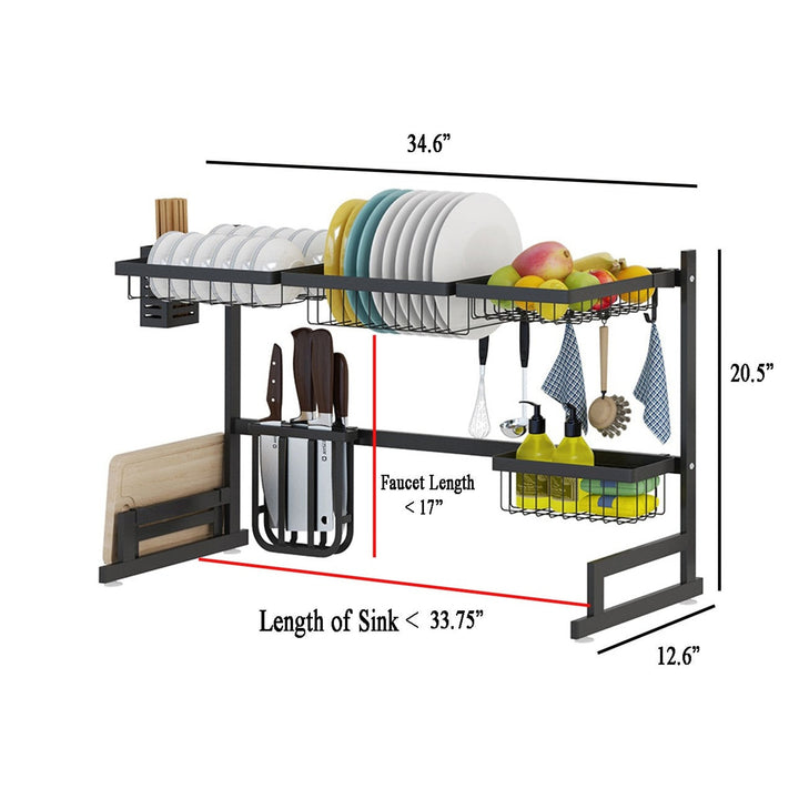 Dish Drying Rack Over Kitchen Sink Stainless Steel Black With Storage Shelves And Utensil Holder - Image 7