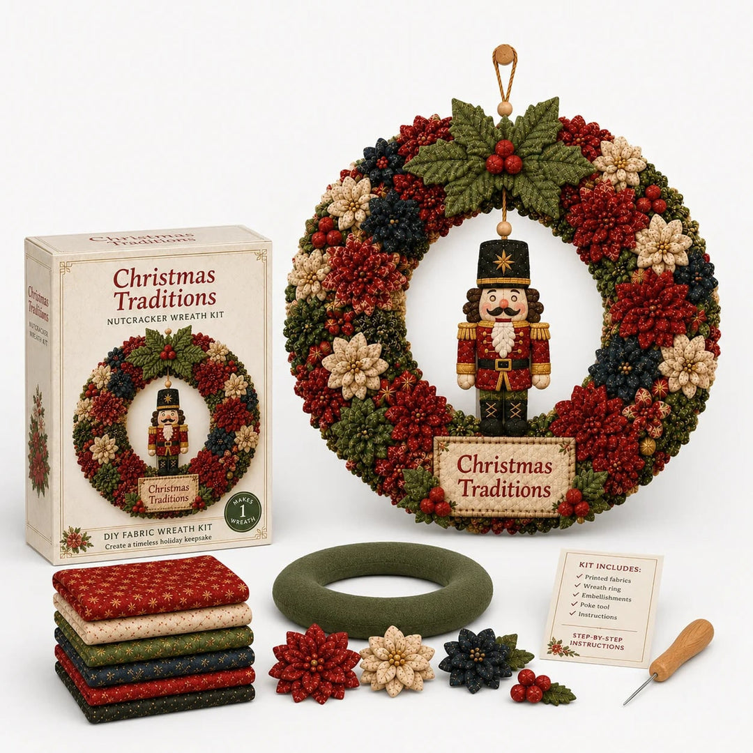 Diy Christmas Wreath Craft Kit With 3D Fabric Flowers And Wooden Pressing Tool - Image 9