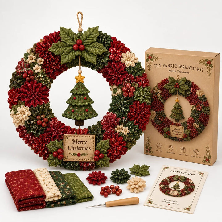 Diy Christmas Wreath Craft Kit With 3D Fabric Flowers And Wooden Pressing Tool - Image 7