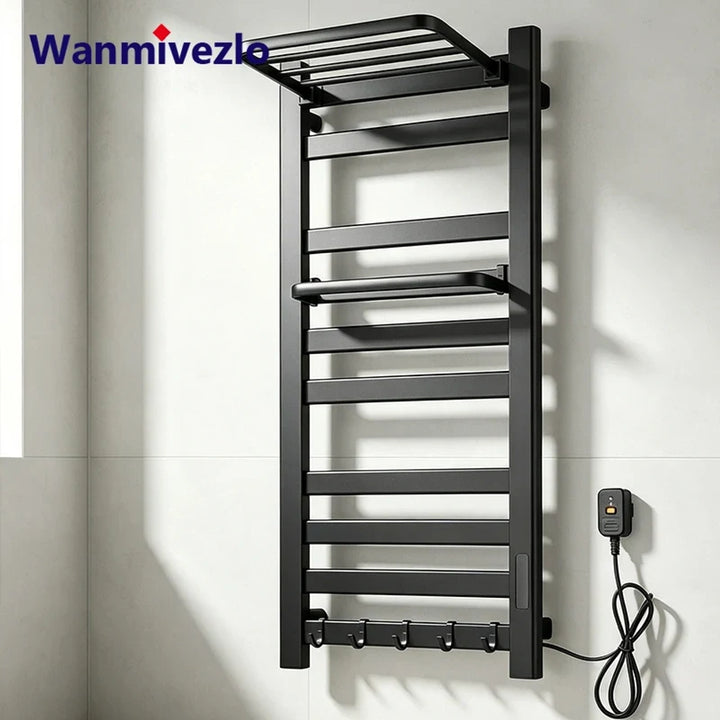 Electric Heated Towel Rail Wall Mounted With Top Storage Shelf And 5 Hooks Fast Heating - Image 1