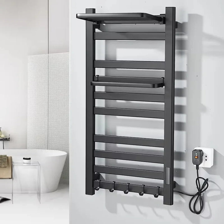 Electric Heated Towel Rail Wall Mounted With Top Storage Shelf And 5 Hooks Fast Heating - Image 7