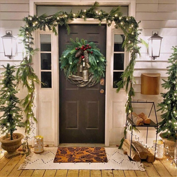 Farmhouse Christmas Wreath With Pinecones Berries And Golden Bells - Image 3
