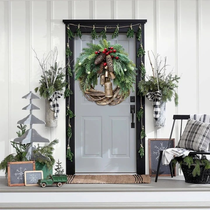 Farmhouse Christmas Wreath With Pinecones Berries And Golden Bells - Image 4
