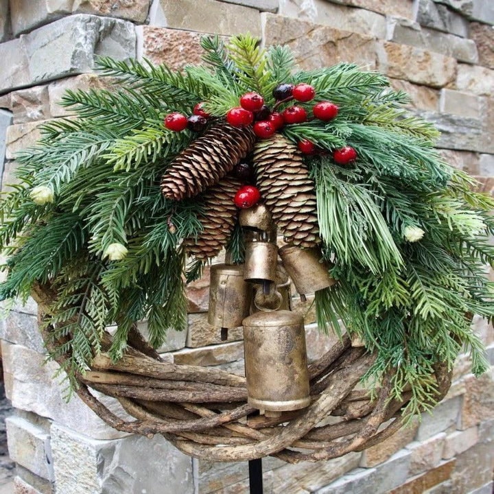 Farmhouse Christmas Wreath With Pinecones Berries And Golden Bells - Image 5
