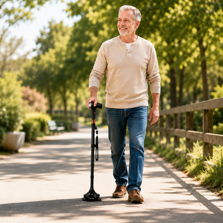 Foldable Quad Cane With Pivoting Base LED Light And Cushioned T-Handle - Image 1