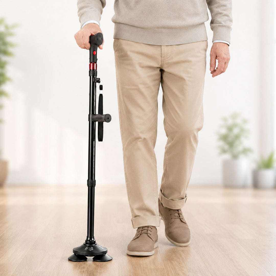 Foldable Quad Cane With Pivoting Base LED Light And Cushioned T-Handle - Image 3