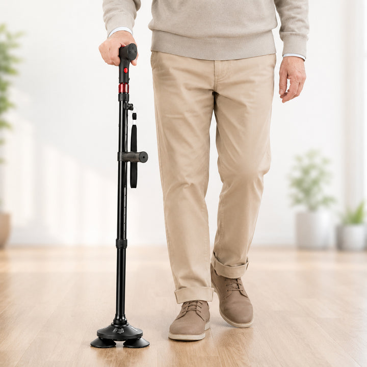 Foldable Quad Cane With Pivoting Base LED Light And Cushioned T-Handle - Image 3