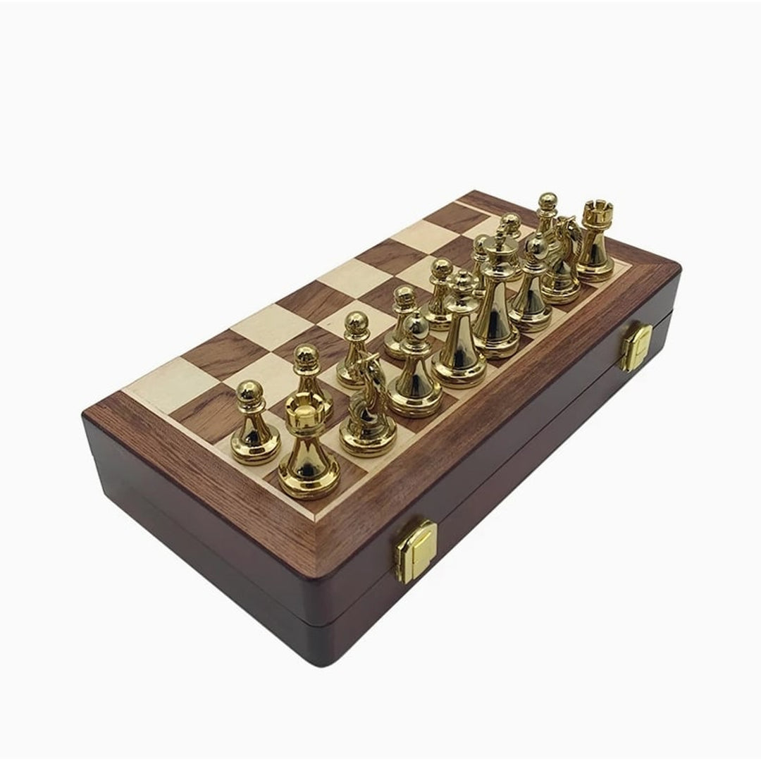 Folding Chess Board Set With Zinc Alloy Pieces Wooden Travel Board - Image 6