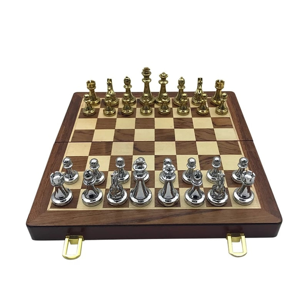 Folding Chess Board Set With Zinc Alloy Pieces Wooden Travel Board - Image 3