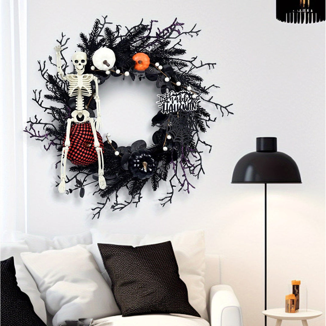 Gothic Halloween Wreath For Door With Skeleton Pumpkin Decor Wall Hanging Ready - Image 6
