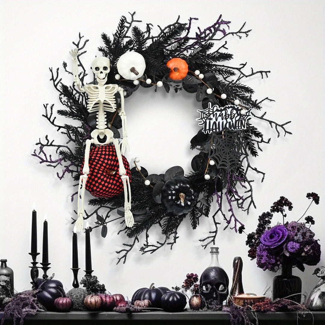 Gothic Halloween Wreath For Door With Skeleton Pumpkin Decor Wall Hanging Ready - Image 1