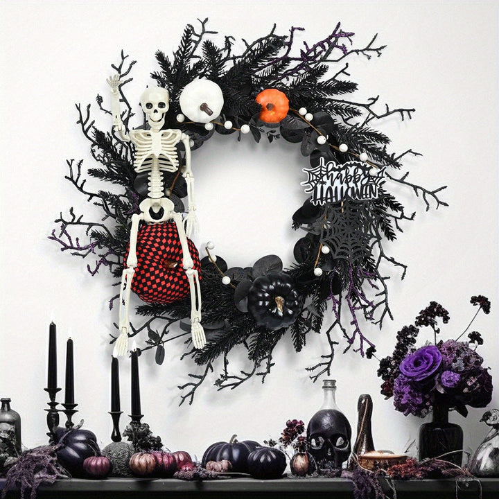 Gothic Halloween Wreath For Door With Skeleton Pumpkin Decor Wall Hanging Ready - Image 1