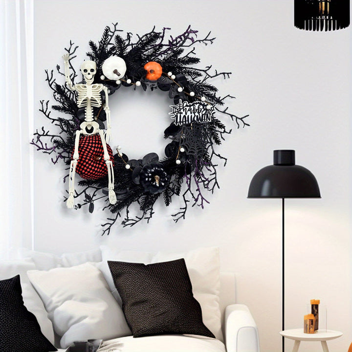 Gothic Halloween Wreath For Door With Skeleton Pumpkin Decor Wall Hanging Ready - Image 2
