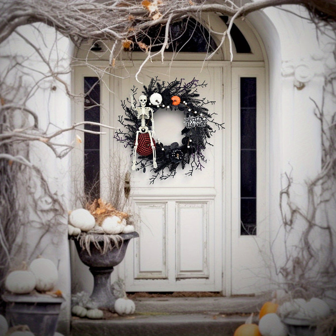 Gothic Halloween Wreath For Door With Skeleton Pumpkin Decor Wall Hanging Ready - Image 3