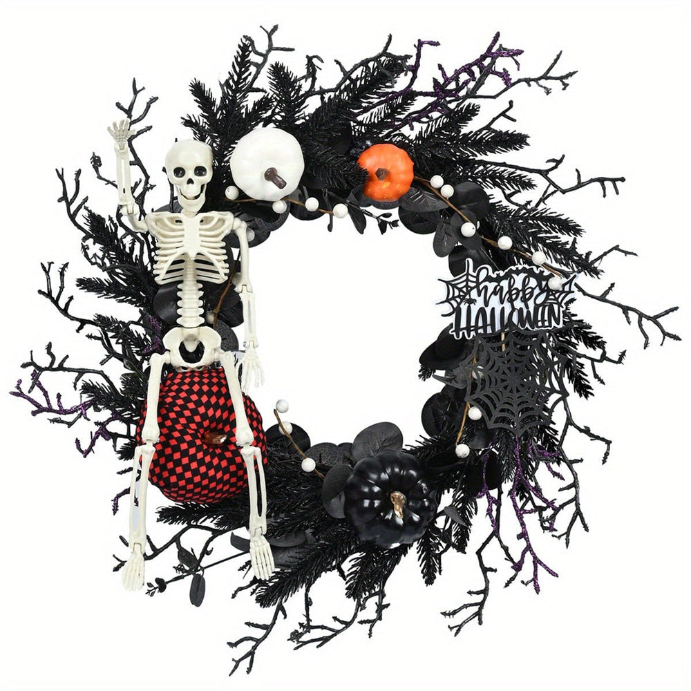 Gothic Halloween Wreath For Door With Skeleton Pumpkin Decor Wall Hanging Ready - Image 4