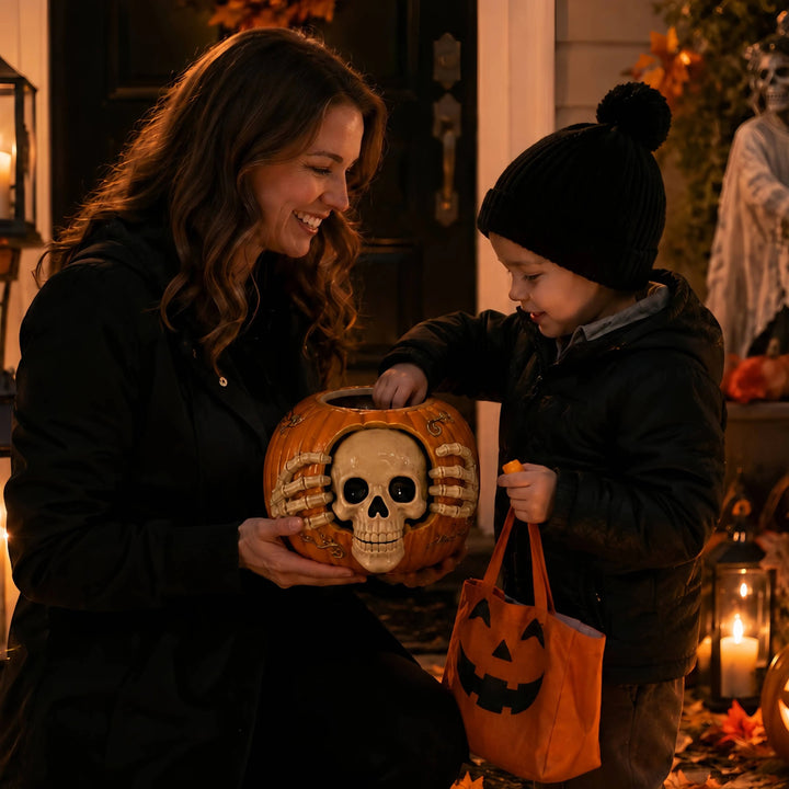 Halloween Candy Jar Skull Pumpkin Shaped Decorative Container With Skull Design And Top Hat Lid Pumpkin Shape Open Container Design For Storing Treats - Image 4