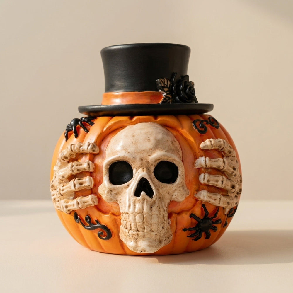 Halloween Candy Jar Skull Pumpkin Shaped Decorative Container With Skull Design And Top Hat Lid Pumpkin Shape Open Container Design For Storing Treats - Image 1