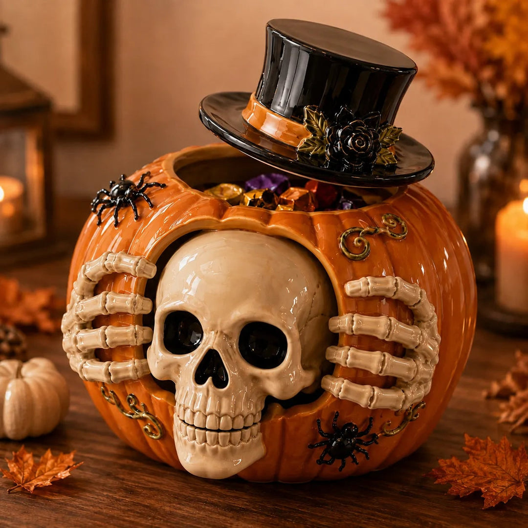 Halloween Candy Jar Skull Pumpkin Shaped Decorative Container With Skull Design And Top Hat Lid Pumpkin Shape Open Container Design For Storing Treats - Image 2