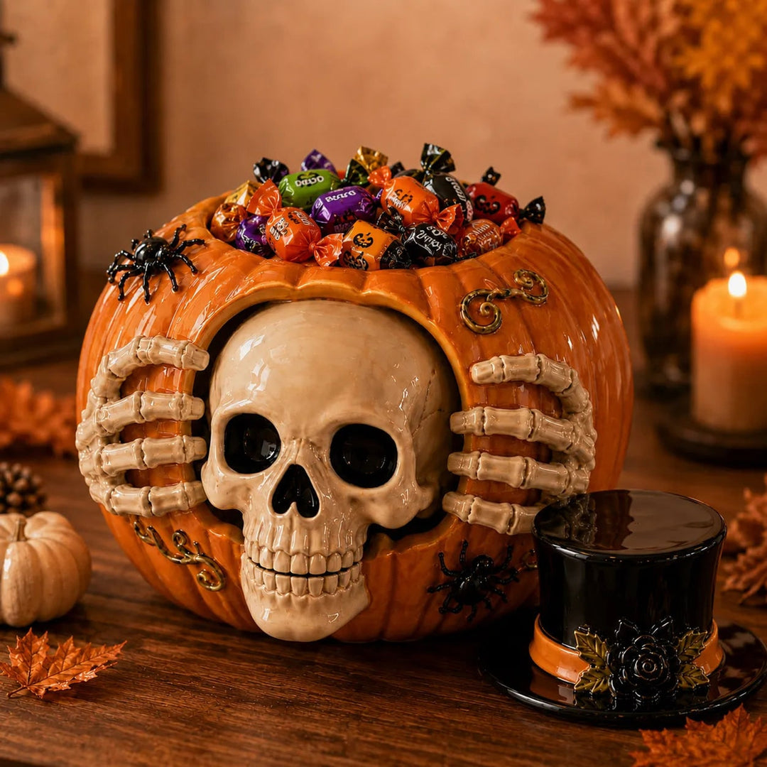 Halloween Candy Jar Skull Pumpkin Shaped Decorative Container With Skull Design And Top Hat Lid Pumpkin Shape Open Container Design For Storing Treats - Image 3