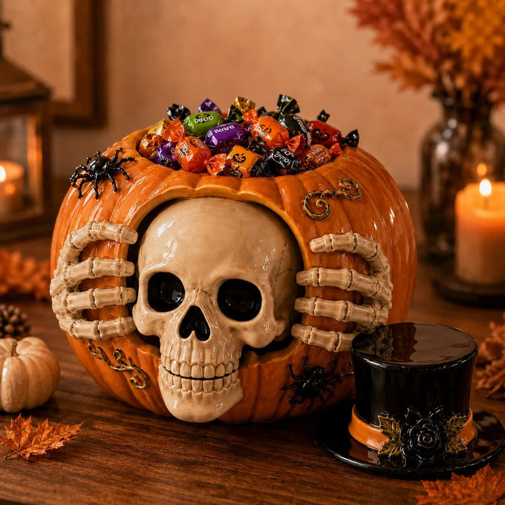 Halloween Candy Jar Skull Pumpkin Shaped Decorative Container With Skull Design And Top Hat Lid Pumpkin Shape Open Container Design For Storing Treats - Image 3