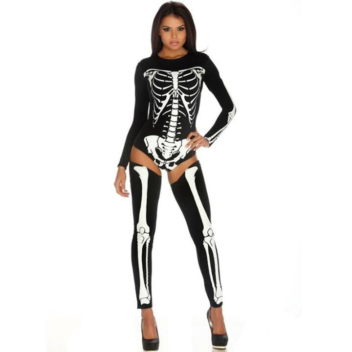 Halloween Costume Skeleton Outfit With Bodysuit And Thigh-High Leggings For Party - Image 5