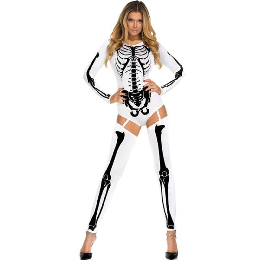 Halloween Costume Skeleton Outfit With Bodysuit And Thigh-High Leggings For Party - Image 3