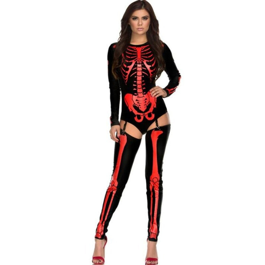 Halloween Costume Skeleton Outfit With Bodysuit And Thigh-High Leggings For Party - Image 4