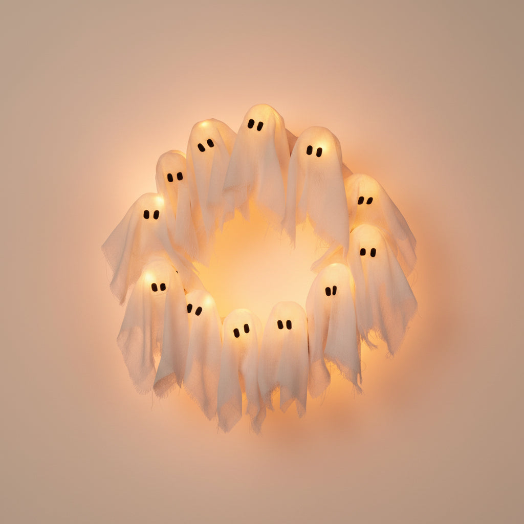 Halloween Decoration Wreath LED Ghost Door Sign - Image 1