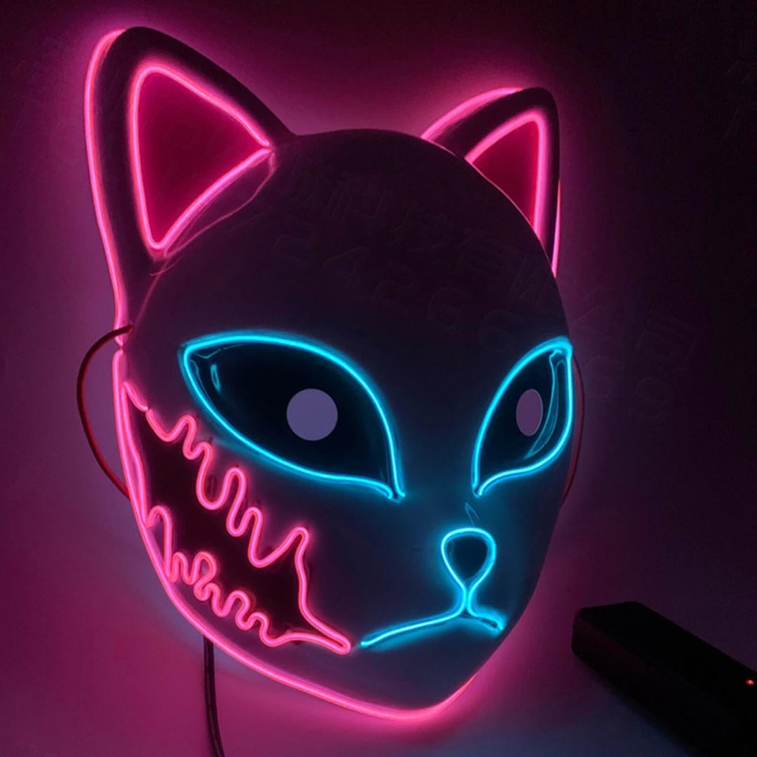 Halloween Fox Mask With Japanese Demon Design Integrated El Wire And Comfortable Elastic Head Strap For Clear Visibility - Image 10