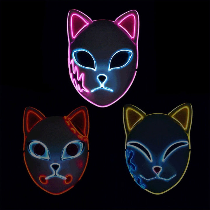 Halloween Fox Mask With Japanese Demon Design Integrated El Wire And Comfortable Elastic Head Strap For Clear Visibility - Image 5