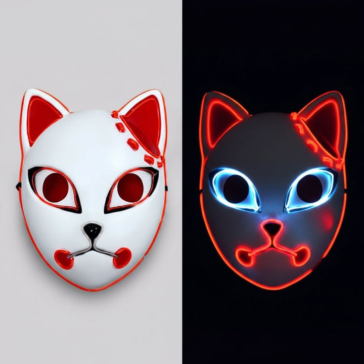 Halloween Fox Mask With Japanese Demon Design Integrated El Wire And Comfortable Elastic Head Strap For Clear Visibility - Image 1