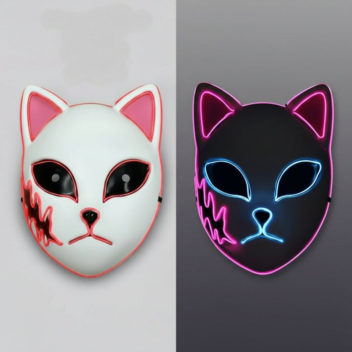 Halloween Fox Mask With Japanese Demon Design Integrated El Wire And Comfortable Elastic Head Strap For Clear Visibility - Image 2