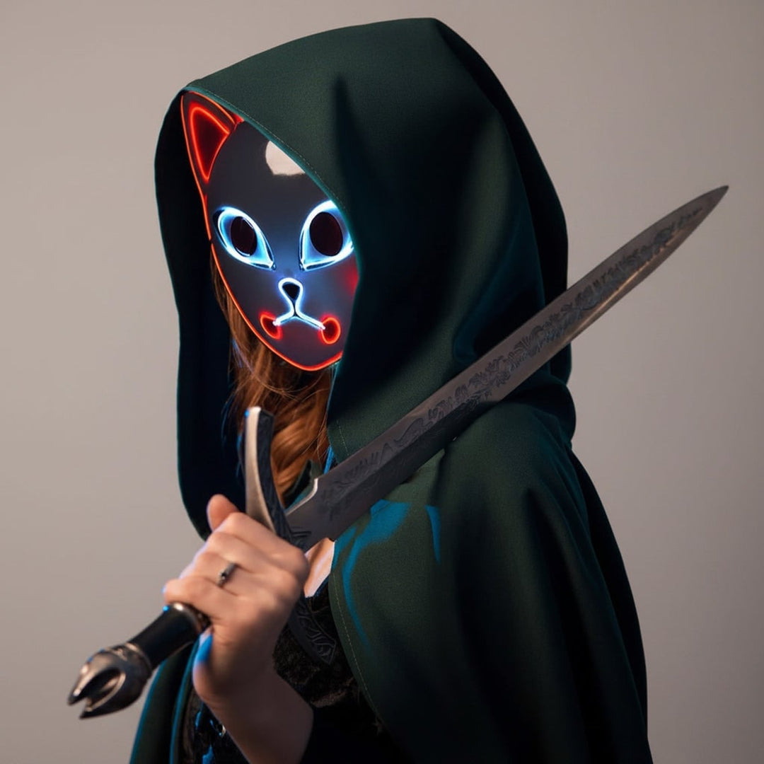 Halloween Fox Mask With Japanese Demon Design Integrated El Wire And Comfortable Elastic Head Strap For Clear Visibility - Image 12