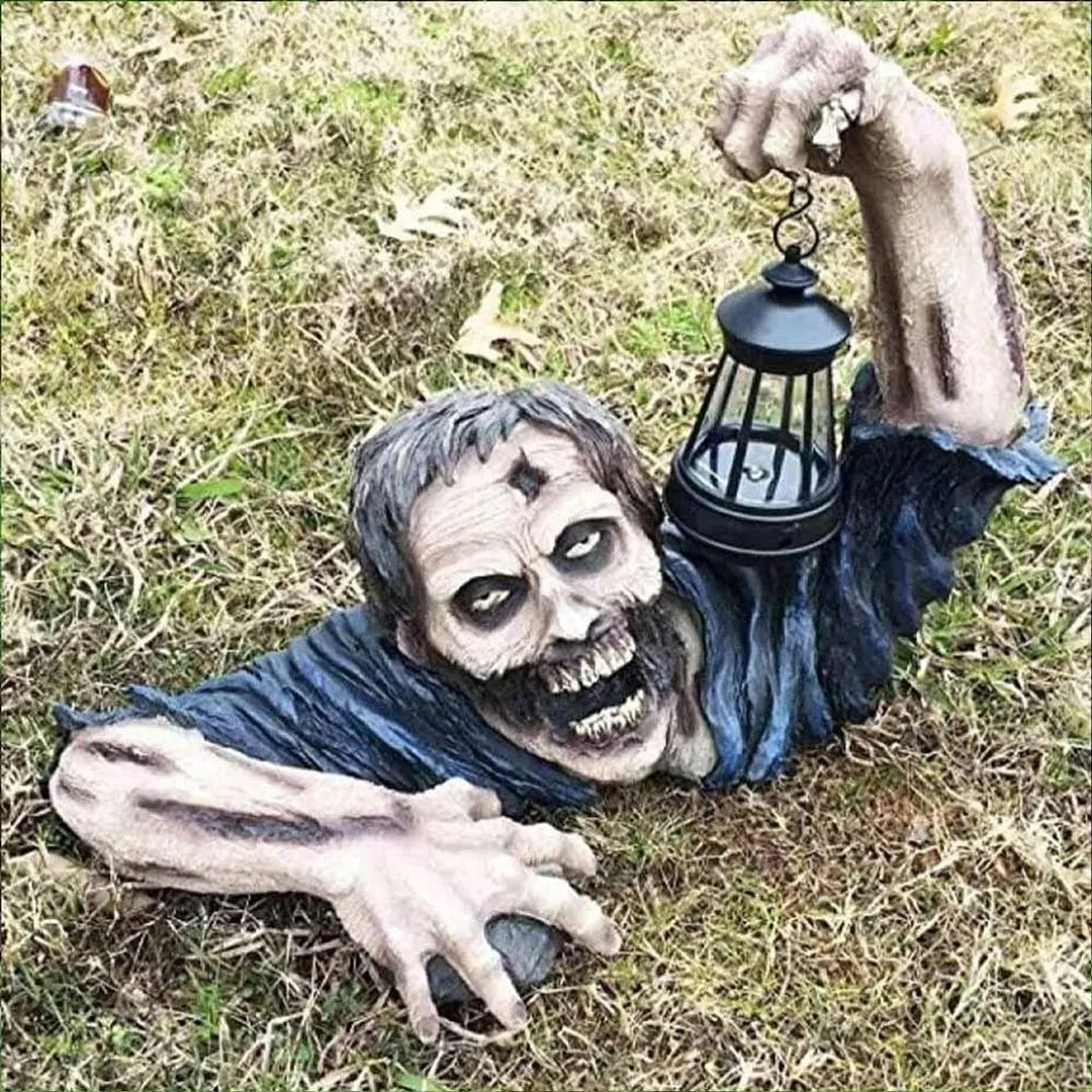 Halloween Garden Decoration Zombie Statue With LED Lantern For Outdoor Decor - Image 2