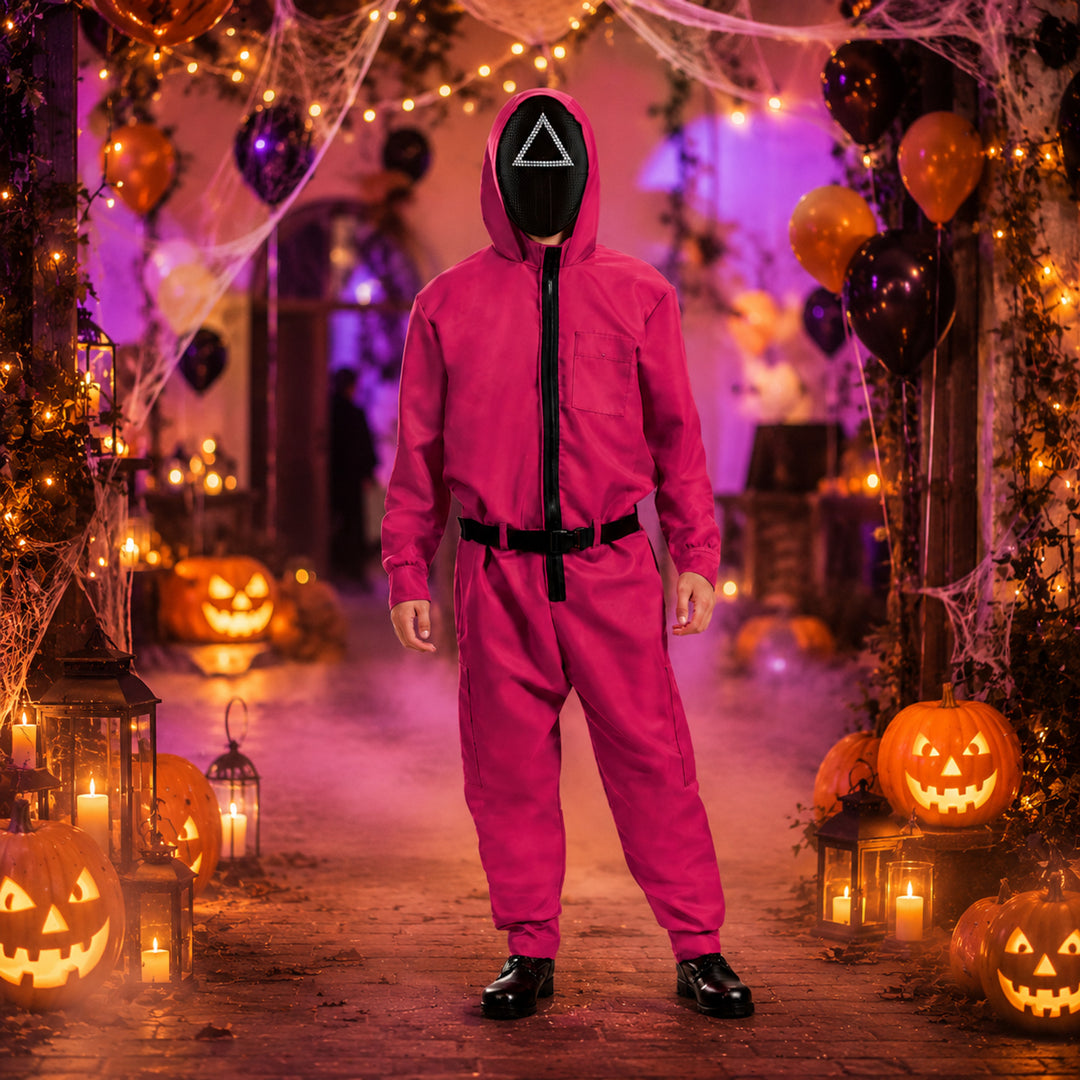 Halloween Jumpsuit Costume Complete Pink Hooded Outfit With Belt And For Party - Image 1