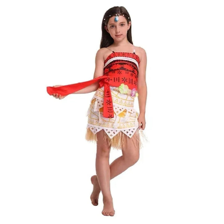 Halloween Princess Costume With Tropical Print Top Grass Skirt And Pendant - Image 4