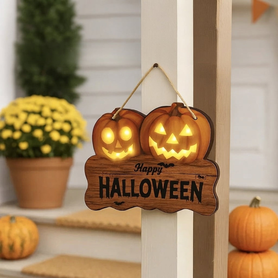 Halloween Sign With Integrated Glowing Pumpkins Hanging Decoration For Indoor And Outdoor Display - Image 2