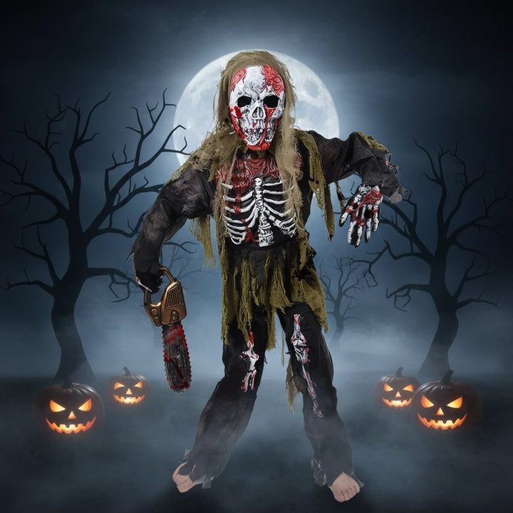 Halloween Skeleton Costume Kids' Zombie With Skull Mask And Gloves Three-Piece Set - Image 1